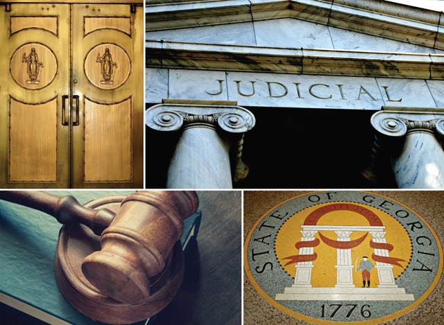 The front cover of A Meaningful Opportunity to Participate with images of doors, a judge's mallet, a courthouse, and the State of Georgia Constitution logo.